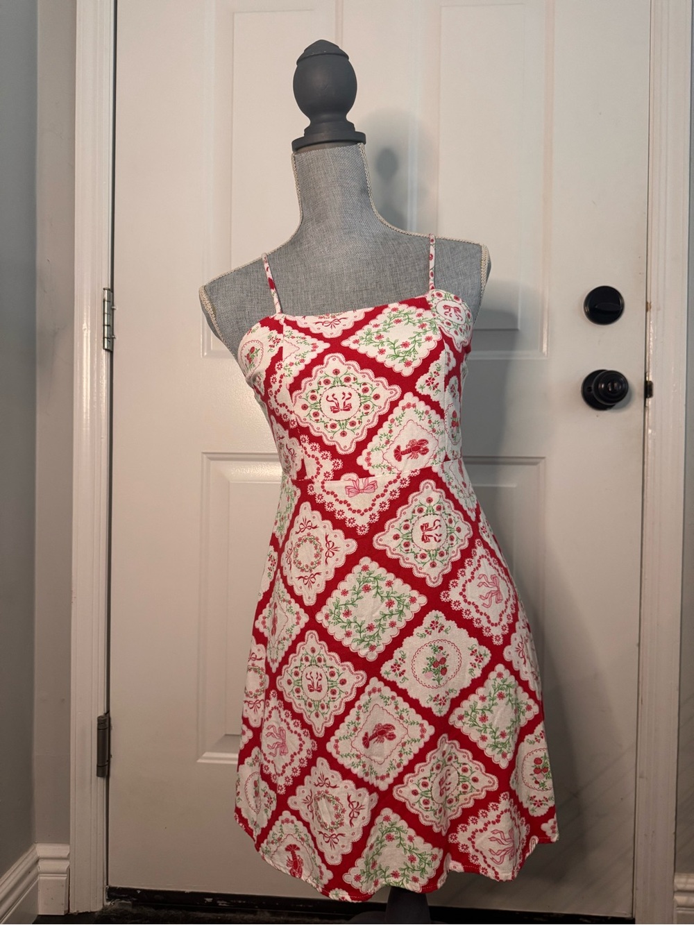 Red and White Floral Square-Print Spaghetti Strap Mini Dress